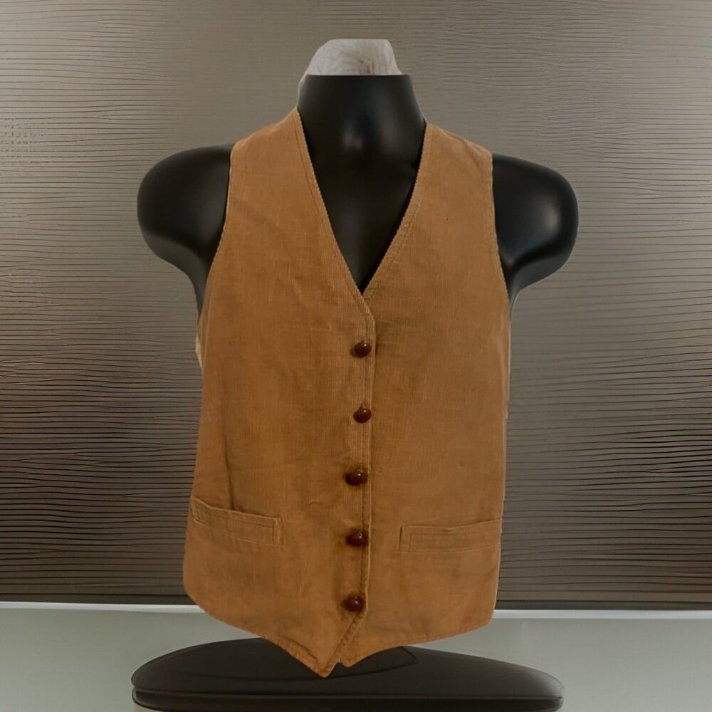 VTG 70's Corduroy Western Vest Brown Tan Leather Buttons S 36